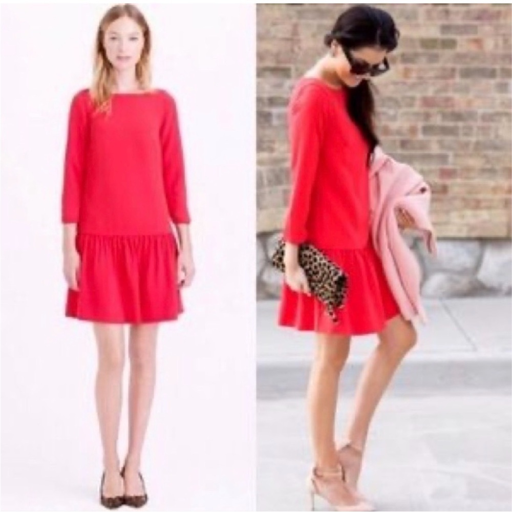 J. Crew Red Crepe Drop-Waist Mini Dress 3/4 Sleeve Shift Classic Romantic Sz 0
